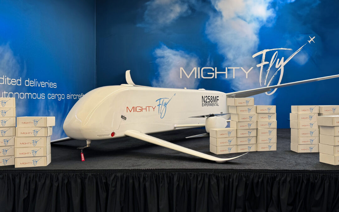 MightyFly Cento cargo aircraft displayed with packages